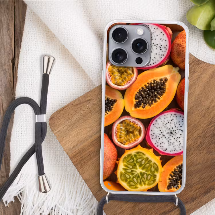 Fruit - Geopend - Tropisch - Eten - Kleurrijk Hoesje iPhone 16 Pro Max met koord klein -sfeer4