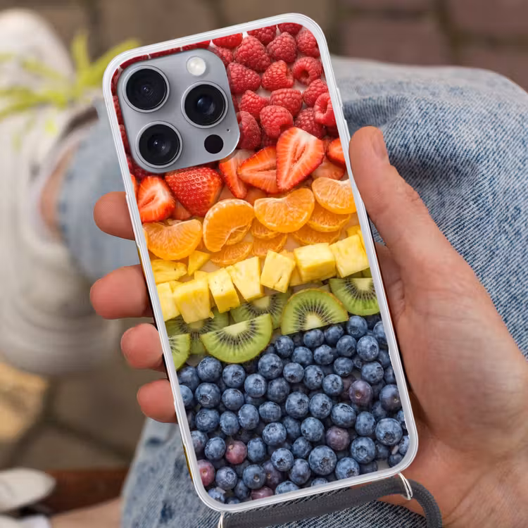 Fruit - Regenboog - Gezond - Kleurrijk Hoesje iPhone 16 Pro Max met koord klein -sfeer3