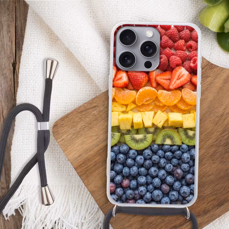 Fruit - Regenboog - Gezond - Kleurrijk Hoesje iPhone 16 Pro Max met koord klein -sfeer4