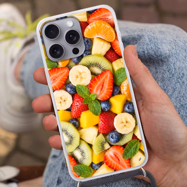 Fruit - Plakjes - Eten - Kleurrijk Hoesje iPhone 16 Pro Max met koord klein -sfeer3