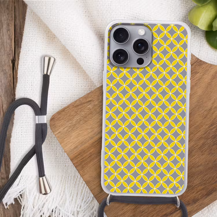 Geometrisch - Cirkels - Modern - Grijs - Geel Hoesje iPhone 16 Pro Max met koord klein 804 -sfeer4