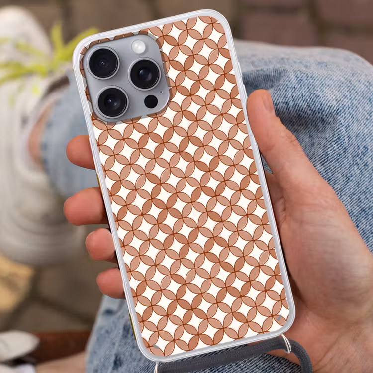 Geometrisch - Cirkels - Modern - Terracotta Hoesje iPhone 16 Pro Max met koord klein 804 -sfeer3