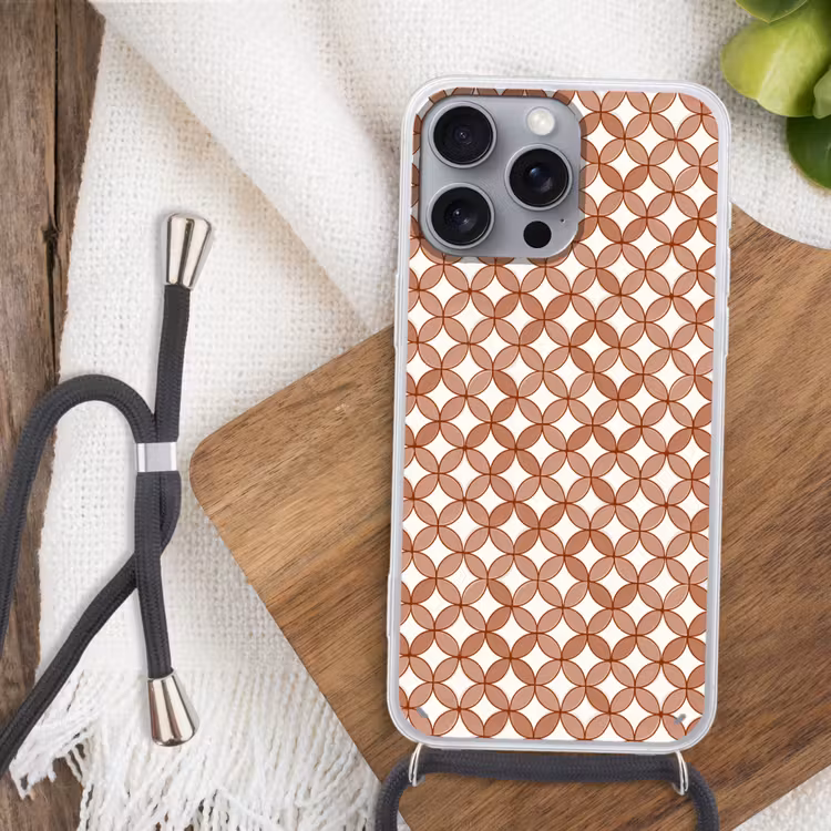 Geometrisch - Cirkels - Modern - Terracotta Hoesje iPhone 16 Pro Max met koord klein 804 -sfeer4