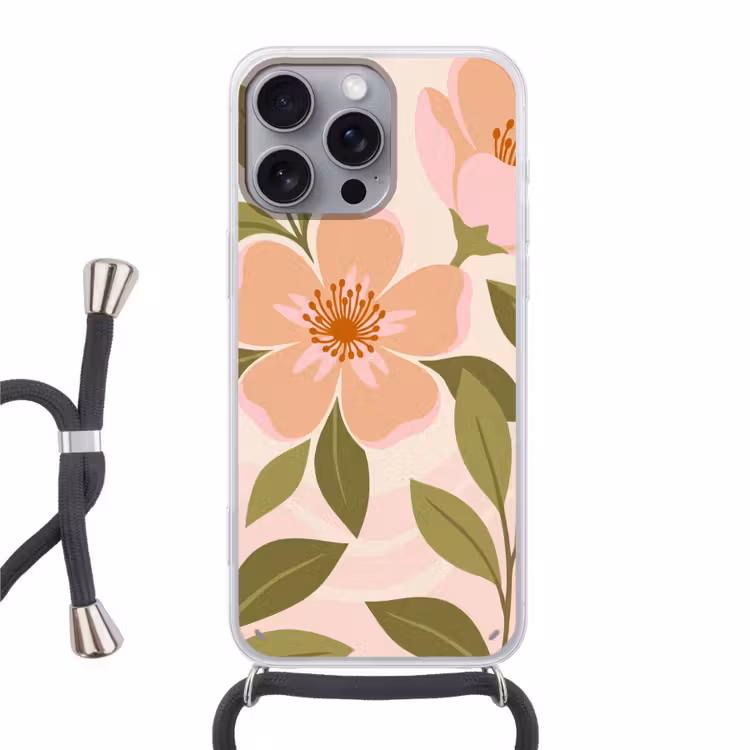 Grafisch - Bloemen - Roze Hoesje iPhone 16 Pro Max met koord klein -3d
