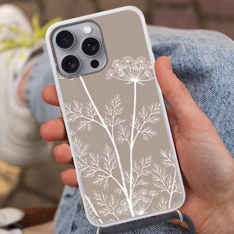 Grafisch - Fluitenkruid - Taupe Hoesje iPhone 16 Pro Max met koord klein -sfeer3