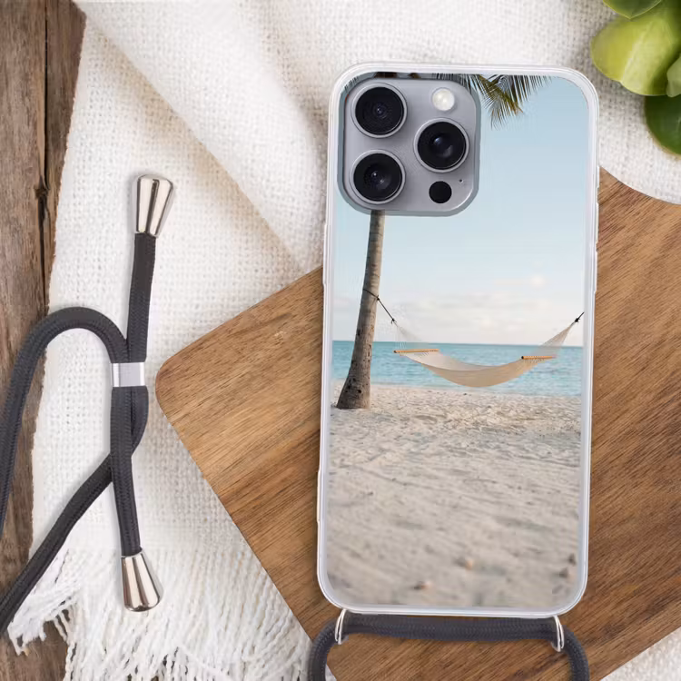 Hangmat - Strand - Wit Hoesje iPhone 16 Pro Max met koord klein -sfeer4