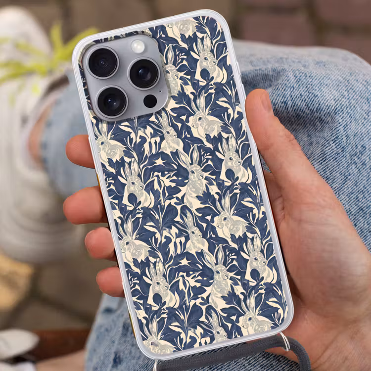 Hazen - Bladeren - Patroon - Blauw - Beige Hoesje iPhone 16 Pro Max met koord klein 804 -sfeer3