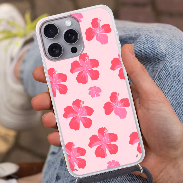 Hibiscus - Bloemen - Roze Hoesje iPhone 16 Pro Max met koord klein 804 -sfeer3