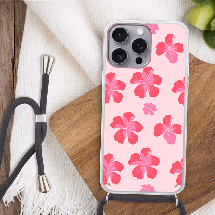 Hibiscus - Bloemen - Roze Hoesje iPhone 16 Pro Max met koord klein 804 -sfeer4