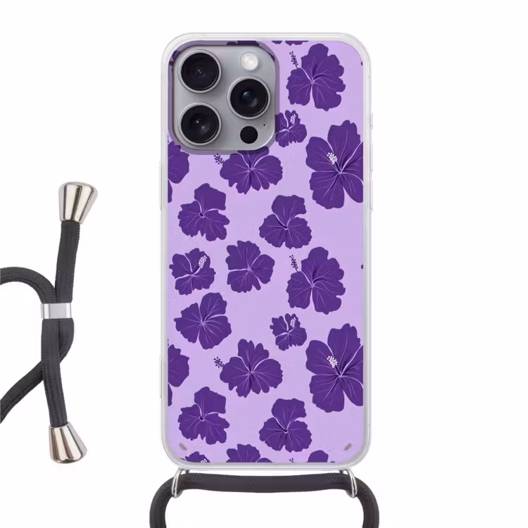 Hibiscus - Bloemen - Paars Hoesje iPhone 16 Pro Max met koord klein 804 -3d