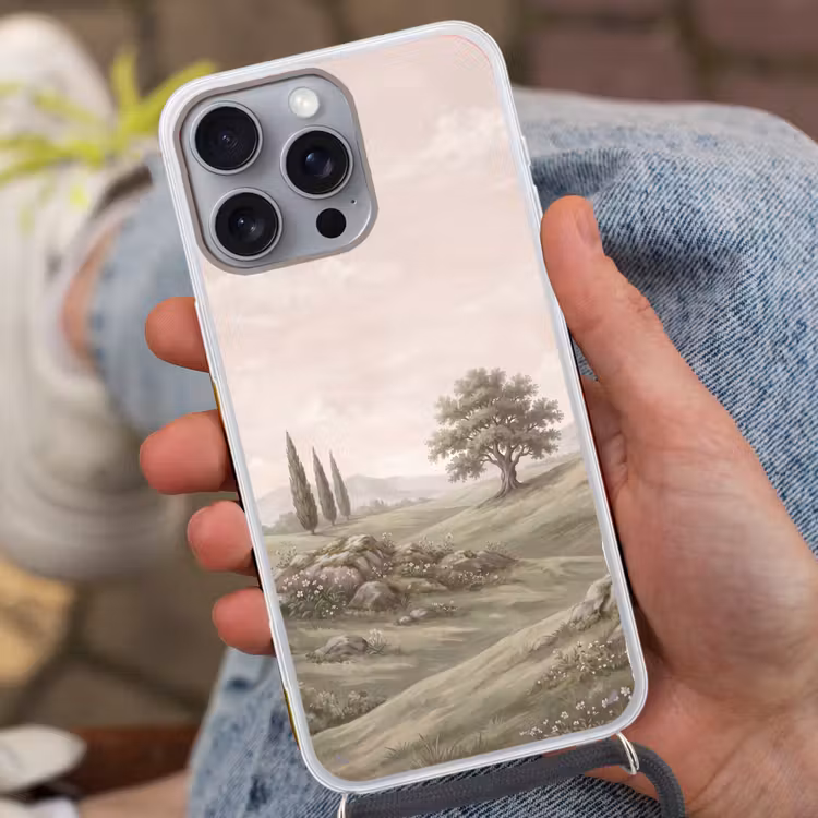 Heuvellandschap - Bomen - Natuur - Groen Hoesje iPhone 16 Pro Max met koord klein -sfeer3