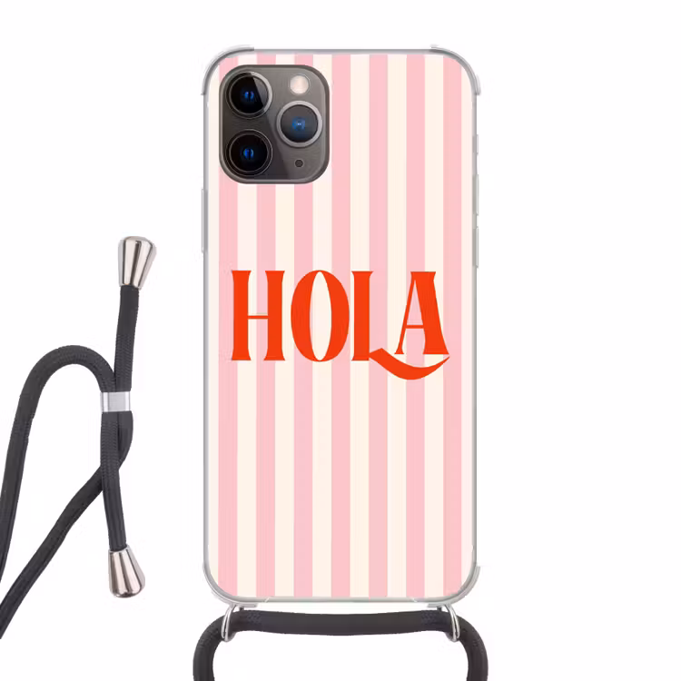 Hola - Quote - Strepen - Pastel - Roze - Rood - Wit Hoesje iPhone 12 Pro met koord klein -3d