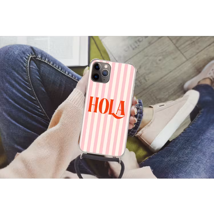 Hola - Quote - Strepen - Pastel - Roze - Rood - Wit Hoesje iPhone 12 Pro met koord klein -hand
