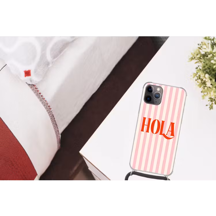 Hola - Quote - Strepen - Pastel - Roze - Rood - Wit Hoesje iPhone 12 Pro met koord klein -kamer