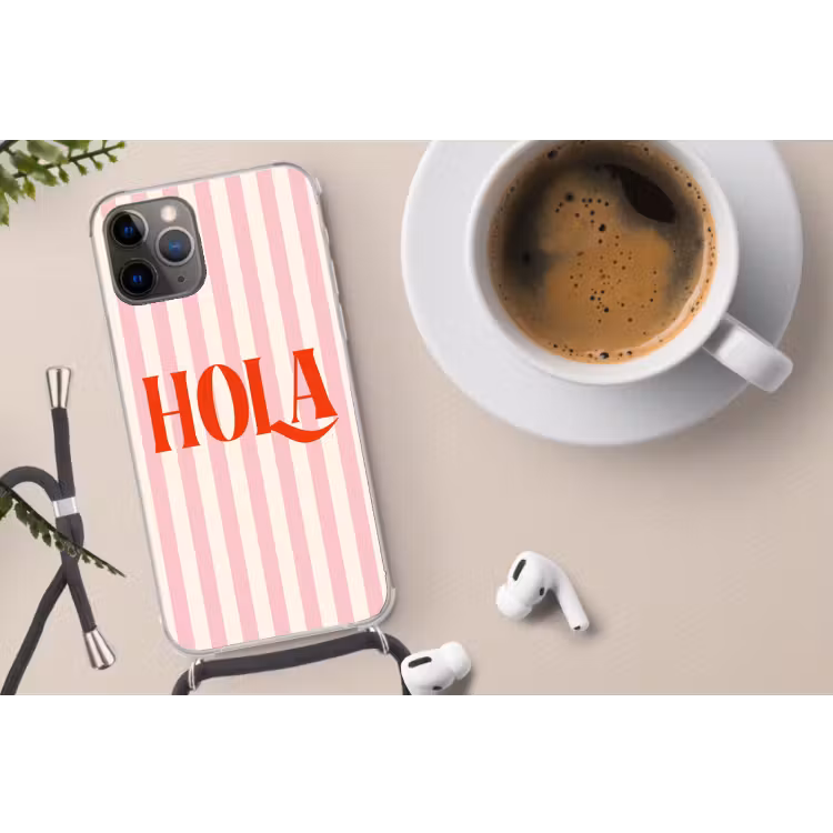 Hola - Quote - Strepen - Pastel - Roze - Rood - Wit Hoesje iPhone 12 Pro met koord klein -oordop