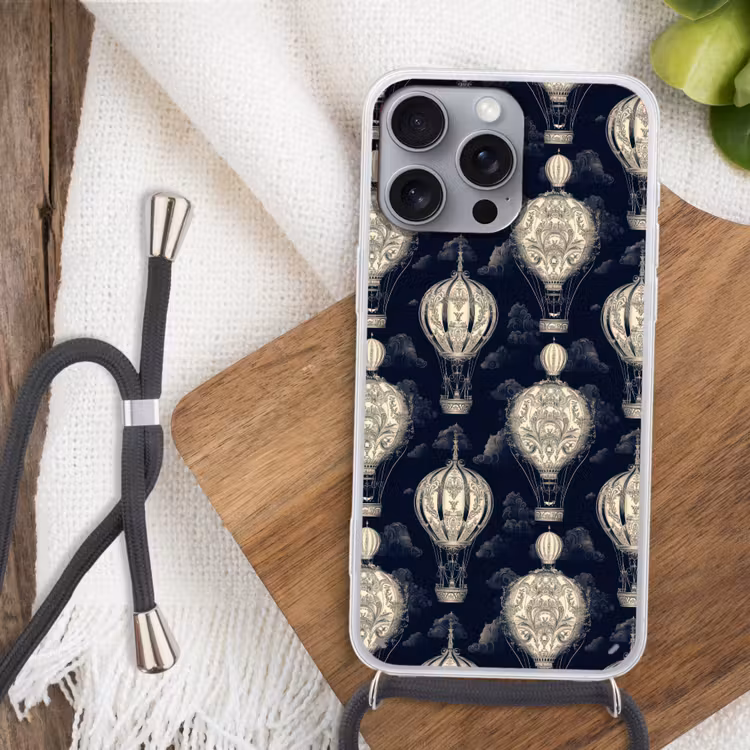 Luchtballonnen - Wolken - Patroon - Donkerblauw Hoesje iPhone 16 Pro Max met koord klein 804 -sfeer4