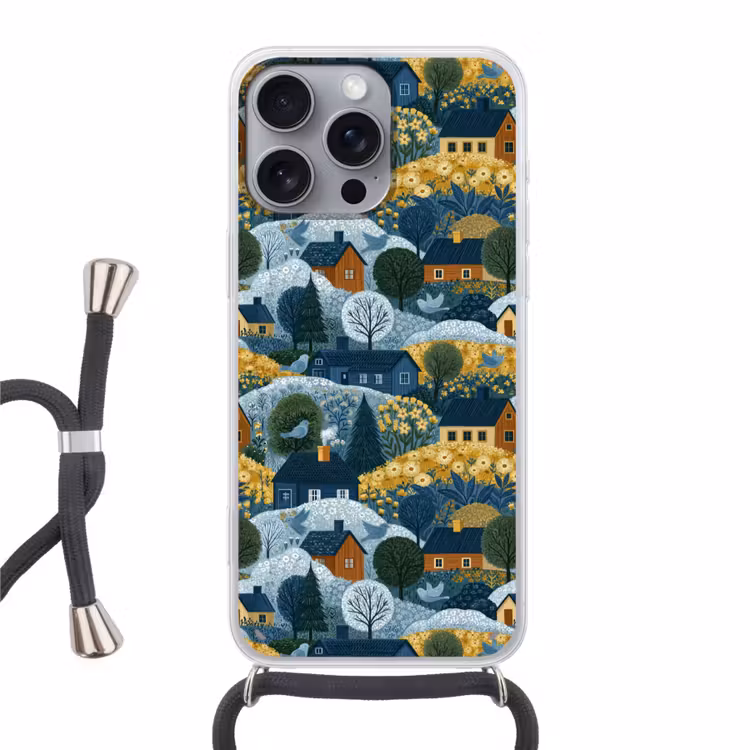 Huisjes - Bloemen - Patroon - Geel - Blauw Hoesje iPhone 16 Pro Max met koord klein 804 -3d