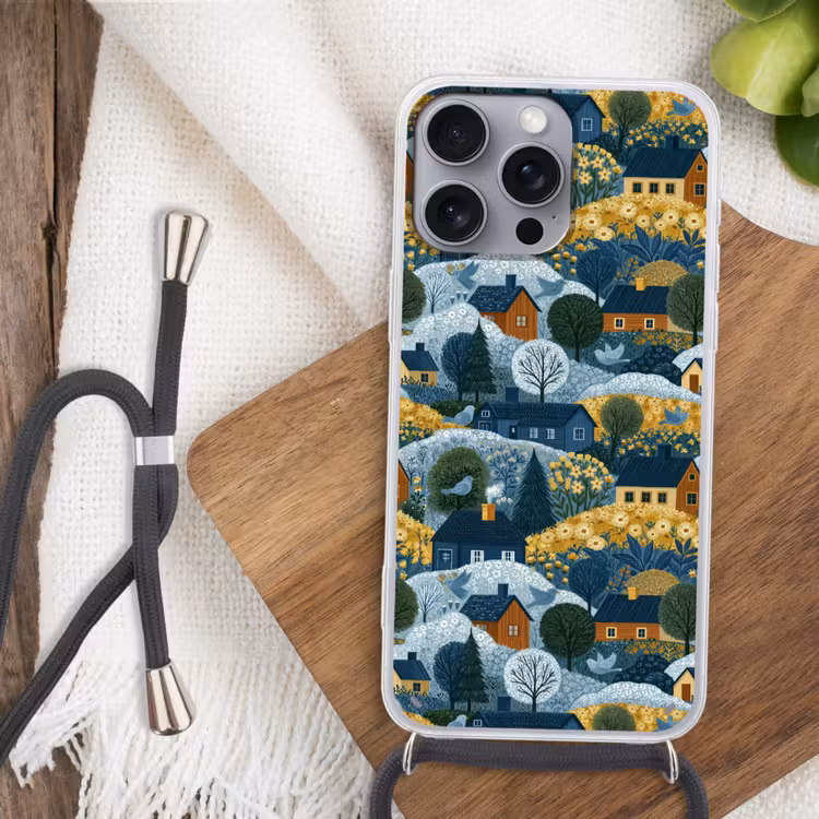 Huisjes - Bloemen - Patroon - Geel - Blauw Hoesje iPhone 16 Pro Max met koord klein 804 -sfeer4