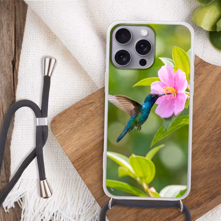 Kolibrie - Bloem - Natuur - Groen Hoesje iPhone 16 Pro Max met koord klein -sfeer4