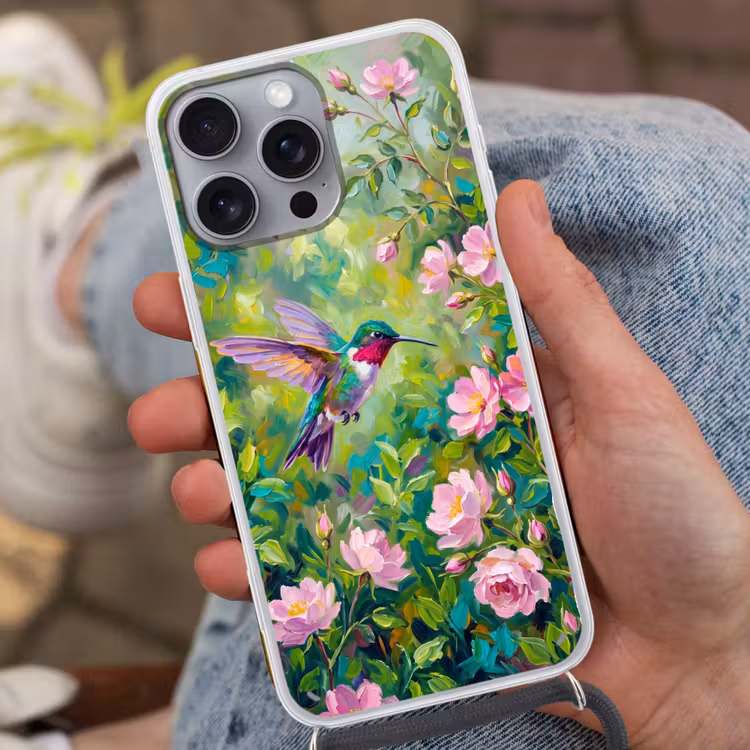 Kolibrie - Bloemen - Natuur - Kleurrijk Hoesje iPhone 16 Pro Max met koord klein -sfeer3