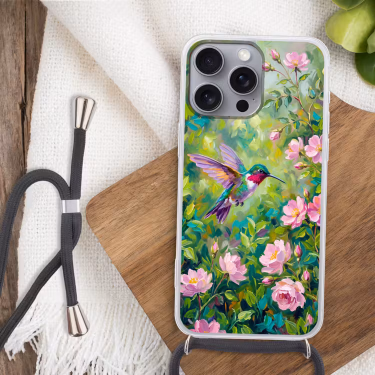 Kolibrie - Bloemen - Natuur - Kleurrijk Hoesje iPhone 16 Pro Max met koord klein -sfeer4