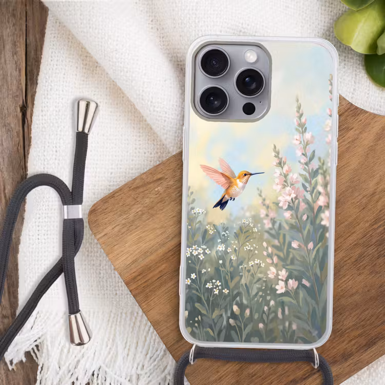Kolibrie - Illustratie - Kleurrijk Hoesje iPhone 16 Pro Max met koord klein -sfeer4