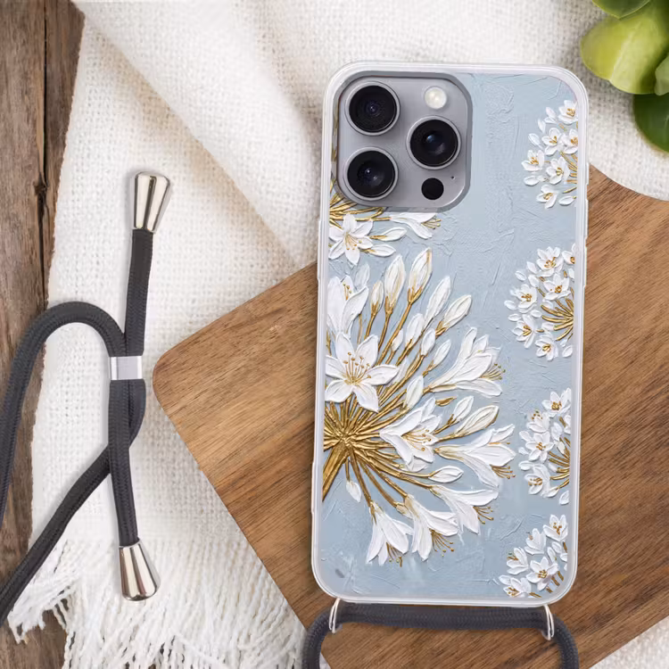 Illustratie - Bloemen - Blauw Hoesje iPhone 16 Pro Max met koord klein -sfeer4
