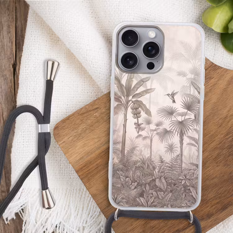Jungle - Banenboom - Kolibrie - Beige Hoesje iPhone 16 Pro Max met koord klein -sfeer4