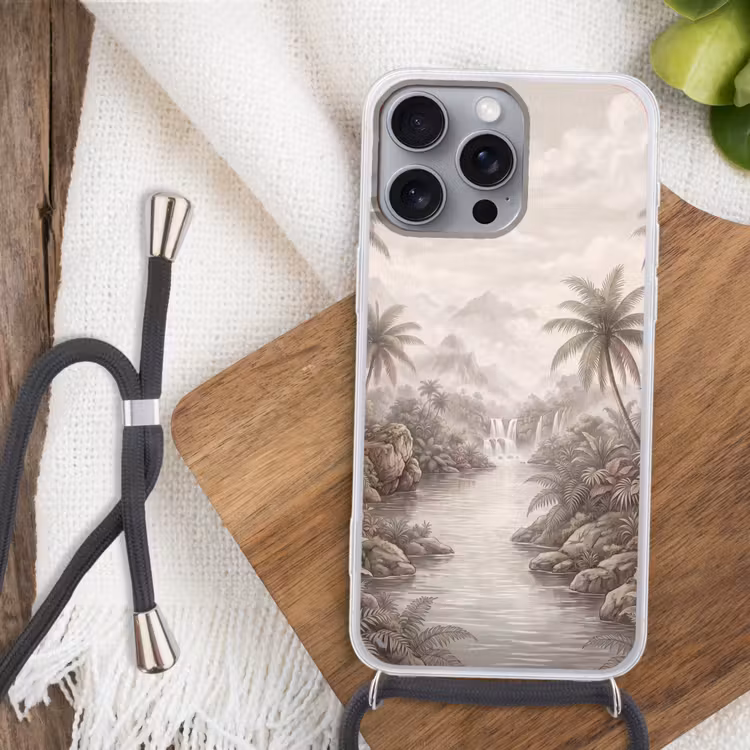 Jungle - Watervallen - Tropisch - Illustratie Hoesje iPhone 16 Pro Max met koord klein -sfeer4