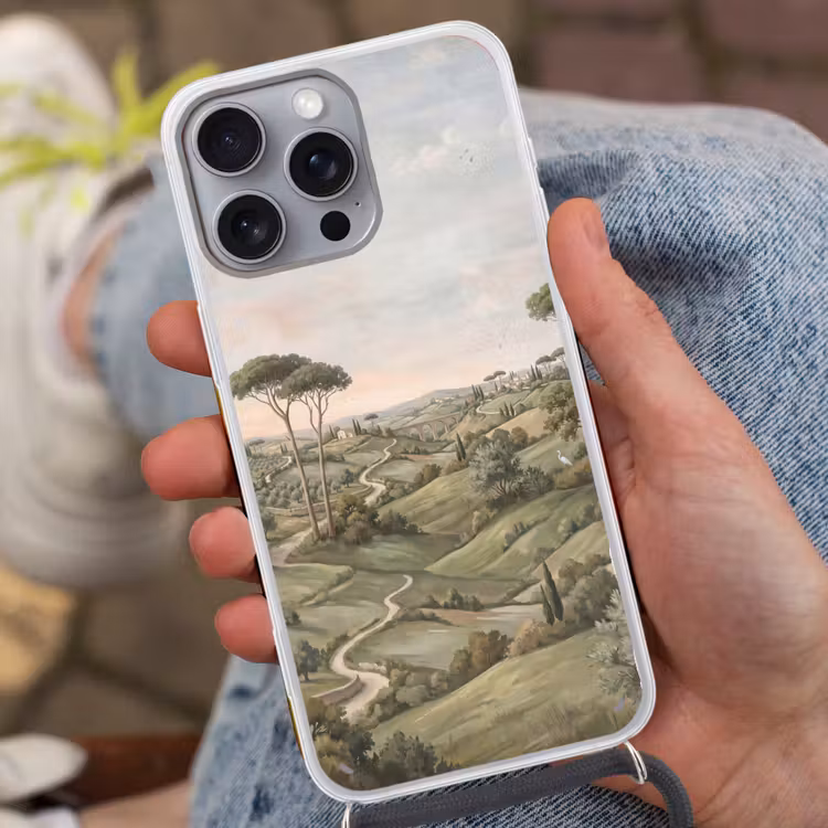 Landschap - Heuvels - Zandpad - Groen Hoesje iPhone 16 Pro Max met koord klein -sfeer3