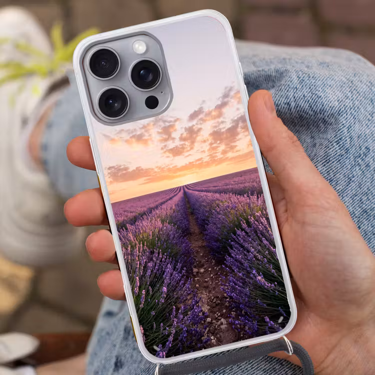 Landschap - Lavendelveld - Paars Hoesje iPhone 16 Pro Max met koord klein -sfeer3