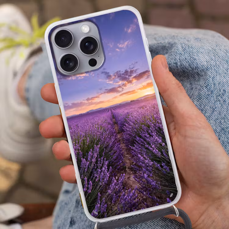 Lavendel - Veld - Natuur - Paars Hoesje iPhone 16 Pro Max met koord klein -sfeer3