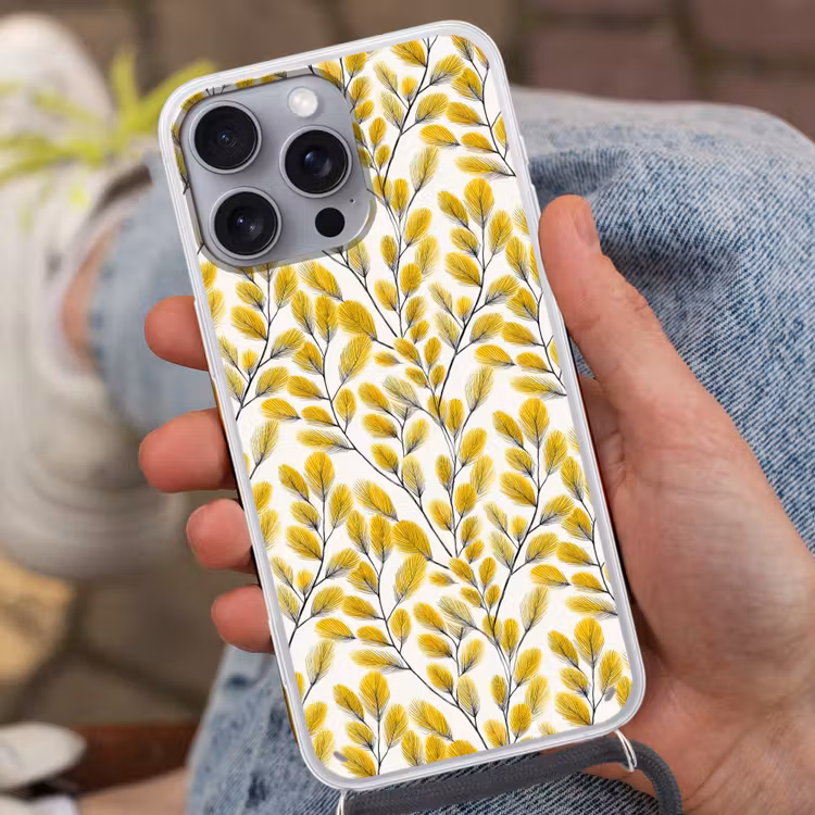 Bladeren - Botanisch - Elegant - Geel - Zwart Hoesje iPhone 16 Pro Max met koord klein 804 -sfeer3