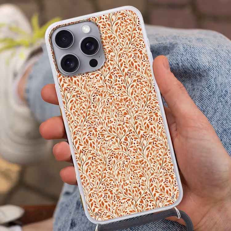Bladeren - Botanisch - Terracotta Hoesje iPhone 16 Pro Max met koord klein 804 -sfeer3