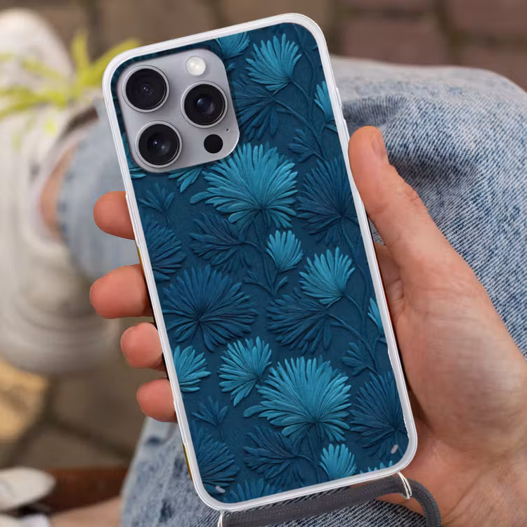 Bladeren - Reliëf - Patroon - Oceaanblauw - Modern Hoesje iPhone 16 Pro Max met koord klein 804 -sfeer3