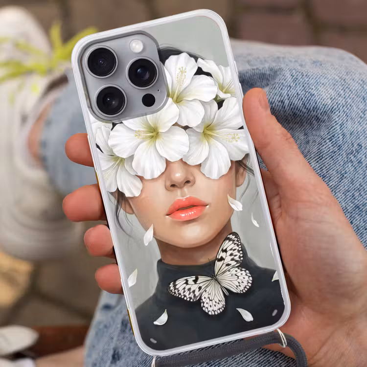 Lelies - Portret - Wit Hoesje iPhone 16 Pro Max met koord klein -sfeer3
