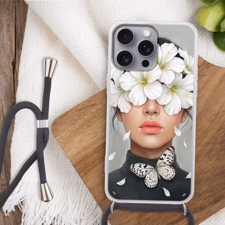 Lelies - Portret - Wit Hoesje iPhone 16 Pro Max met koord klein -sfeer4