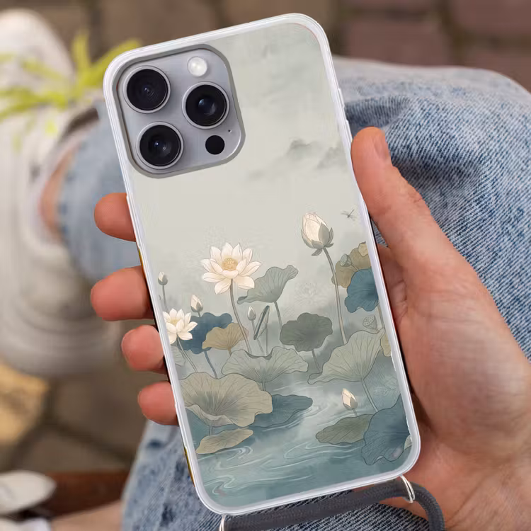 Lotus - Bloemen - Groen Hoesje iPhone 16 Pro Max met koord klein -sfeer3