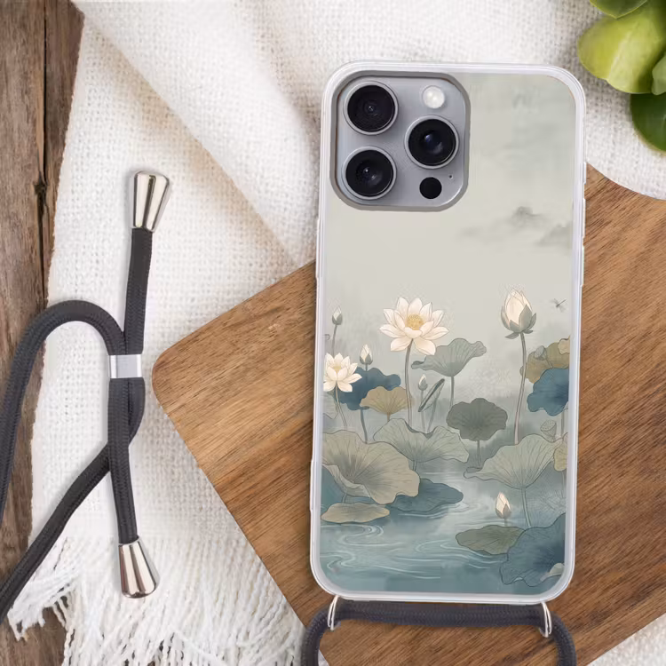 Lotus - Bloemen - Groen Hoesje iPhone 16 Pro Max met koord klein -sfeer4