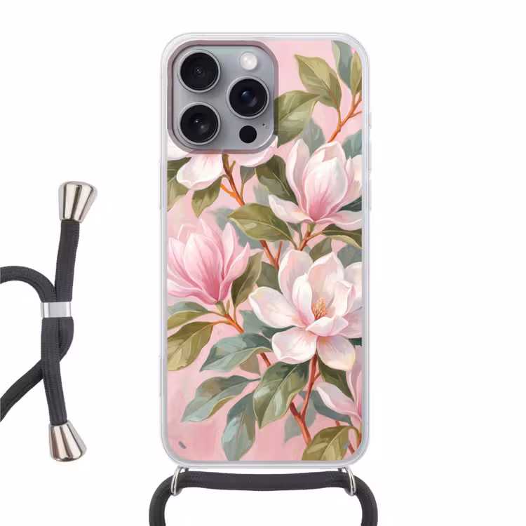 Magnolia's - Patroon - Roze Hoesje iPhone 16 Pro Max met koord klein -3d