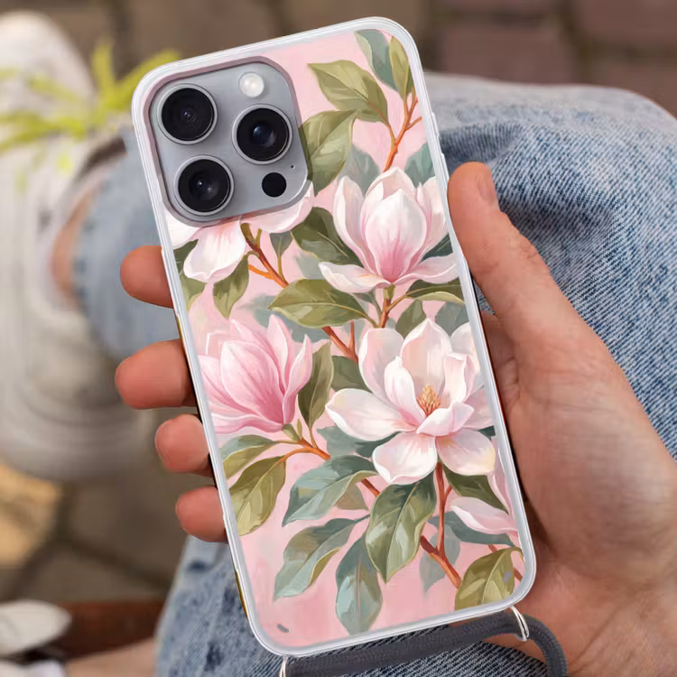 Magnolia's - Patroon - Roze Hoesje iPhone 16 Pro Max met koord klein -sfeer3