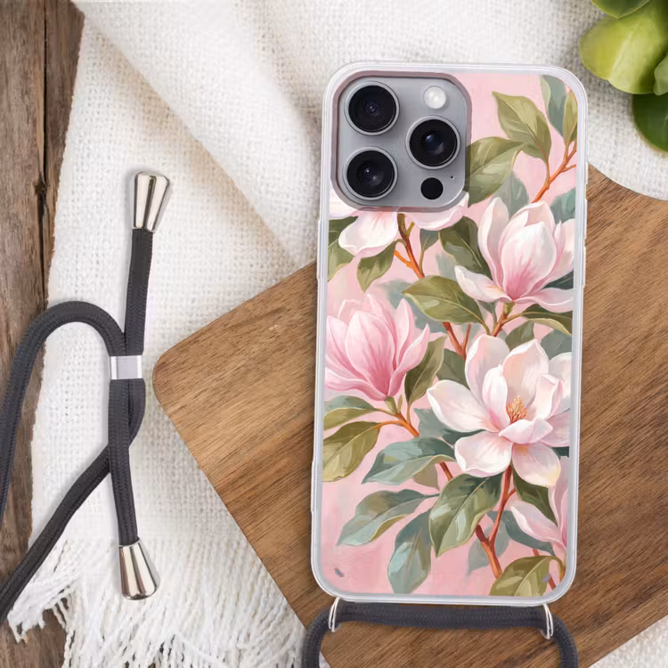 Magnolia's - Patroon - Roze Hoesje iPhone 16 Pro Max met koord klein -sfeer4