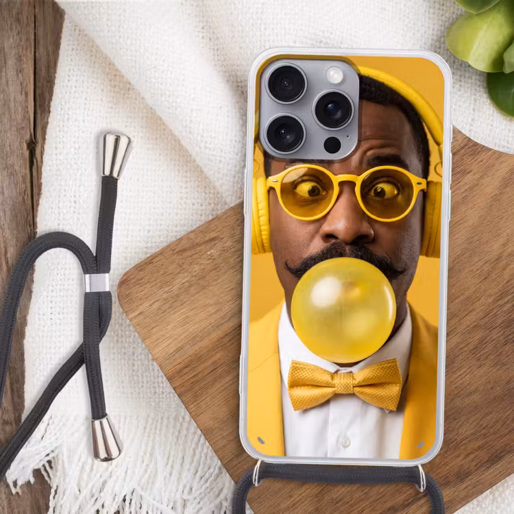 Man - Bubblegum - Portret - Geel - Modern Hoesje iPhone 16 Pro Max met koord klein -sfeer4