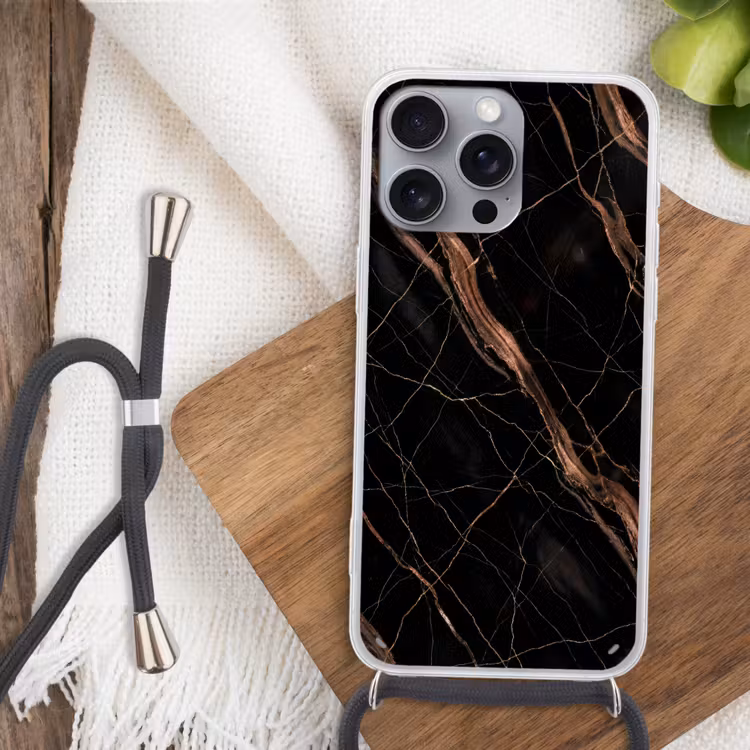 Marmer - Goud - Patroon - Luxe - Zwart Hoesje iPhone 16 Pro Max met koord klein -sfeer4