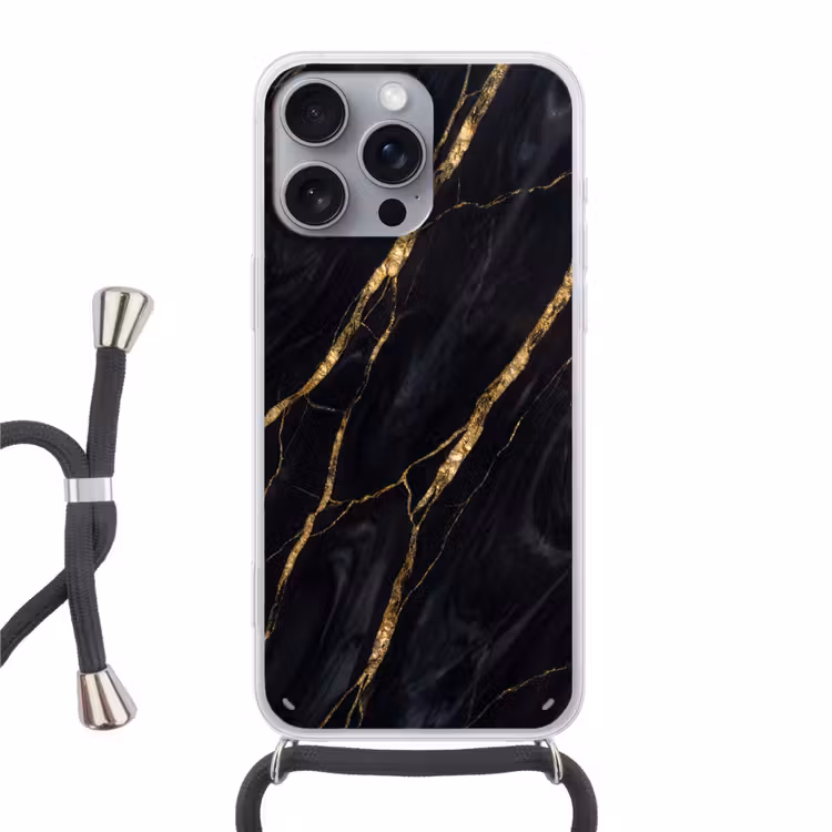 Marmer - Gouden aders - Abstract - Zwart Hoesje iPhone 16 Pro Max met koord klein -3d