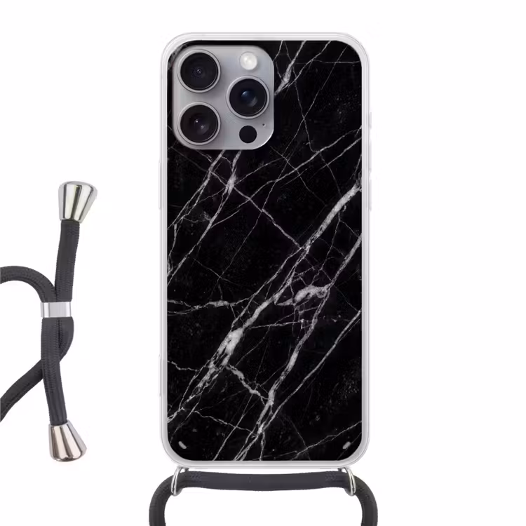Marmer - Aders - Abstract - Zwart Hoesje iPhone 16 Pro Max met koord klein -3d
