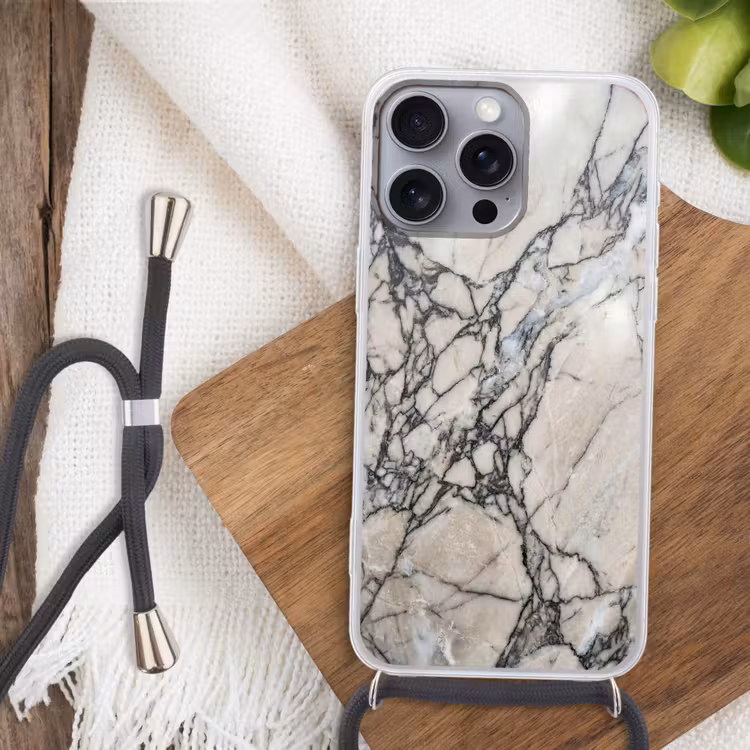 Marmer - Aderen - Patroon - Wit - Grijs Hoesje iPhone 16 Pro Max met koord klein -sfeer4