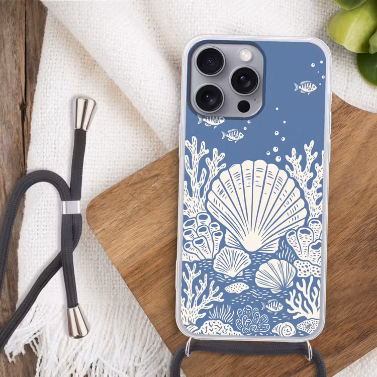 Zeeleven - Koraal - Schelp - Vis - Illustratie - Onderwater Hoesje iPhone 16 Pro Max met koord klein -sfeer4