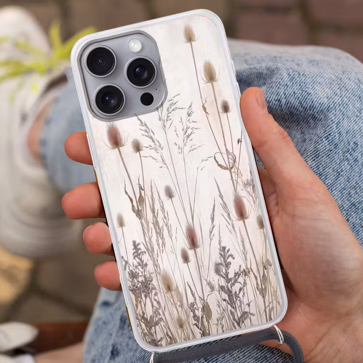 Weidebloemen - Design - Sepia Hoesje iPhone 16 Pro Max met koord klein -sfeer3