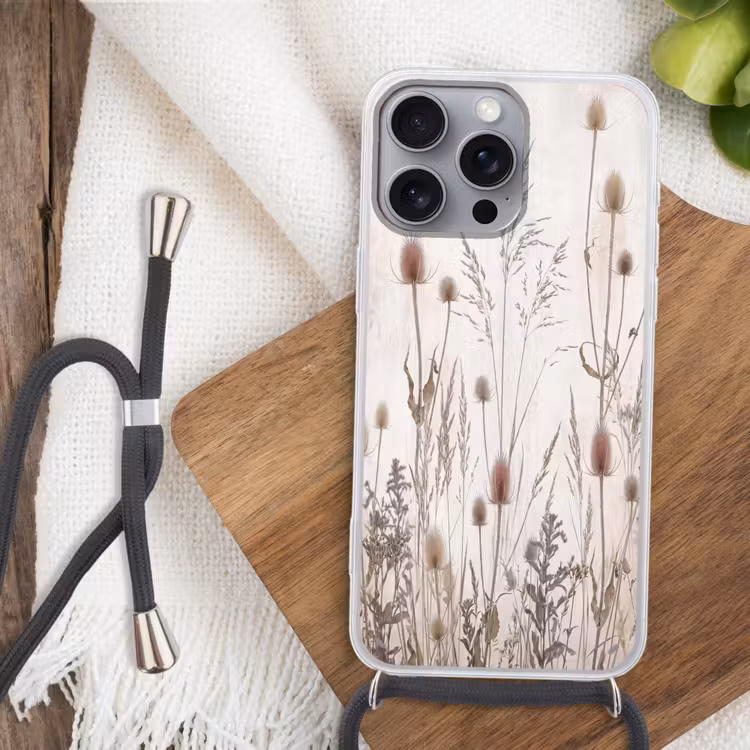 Weidebloemen - Design - Sepia Hoesje iPhone 16 Pro Max met koord klein -sfeer4